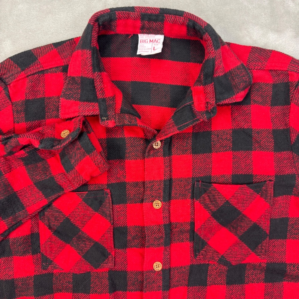 VTG 70s Big Mac Flannel Shirt Mens L Buffalo Plaid Utility Red Black JC Penney - Picture 1 of 10